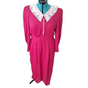 Vintage 80s/90s Red Lace Collar Midi Goth Coquette Dress Women Size 14